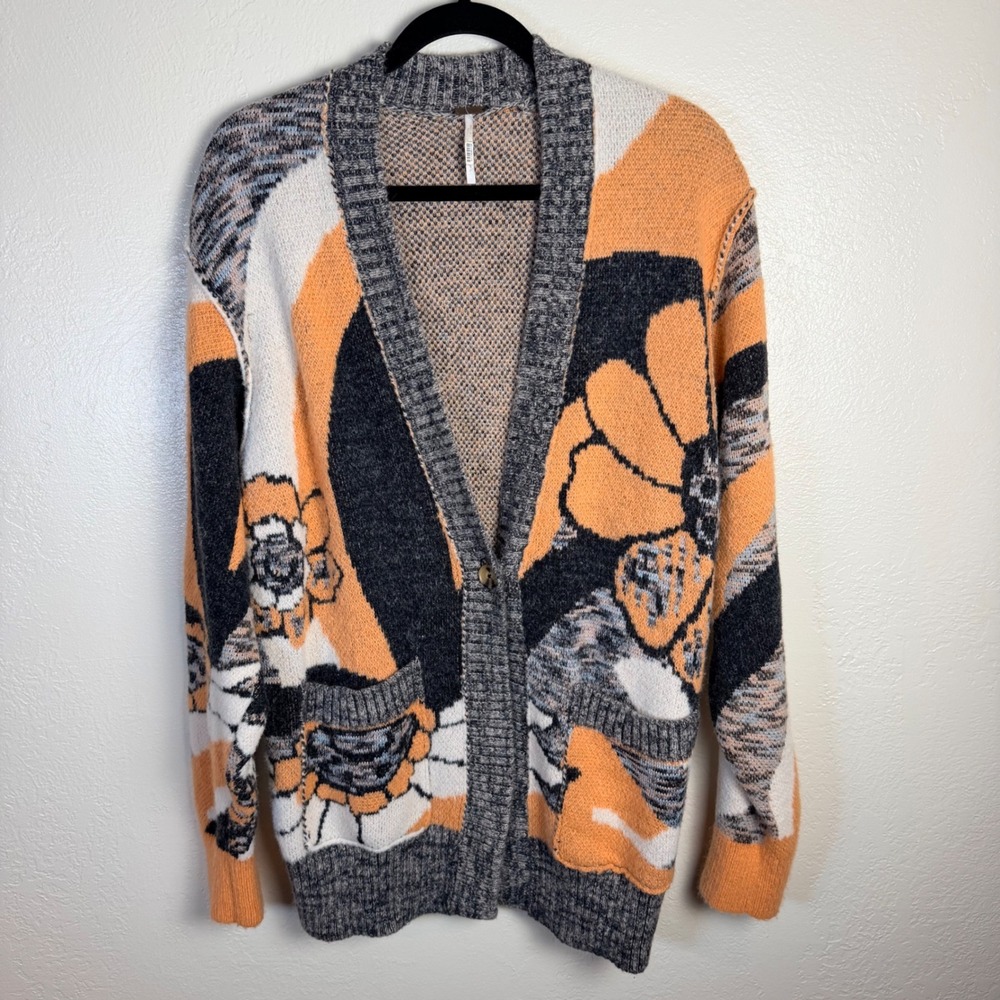 Free People Women's S Floral Intarsia Oversized Cardigan Boho Retro Wool Chunky